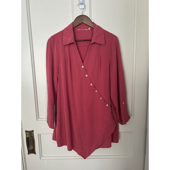 Soft Surroundings Asymmetric Button Roll Tab Blouse Womens Size XL Coral Boho - Picture 1 of 8